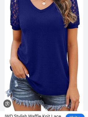 Large Woman's Lace Sleeve V-Neck Waffle Knit Top in Royal Blue